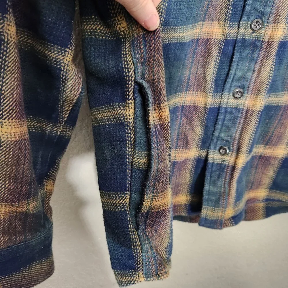 Orvis Shirt Shacket Medium Blue Yellow Plaid Chore Cottage Western Flannel Heavy